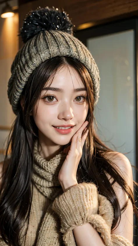   top quality , ((Portrait showing teeth and smiling happily )),(( super high resolution camera portrait :1.4)),8k,( realistic :1.6),   RAW photo,(( realistic な美肌)),(( wearing a knit hat deep down to the eyes  :1.3)),((UNIQLO ,  knitted hat with pattern co...