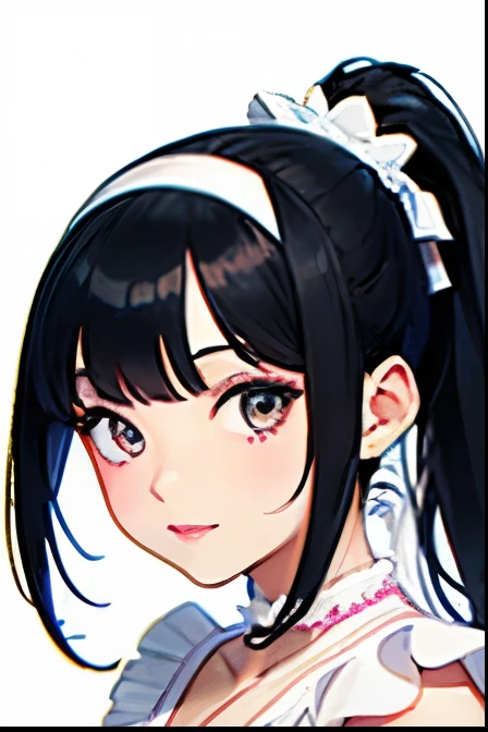 A young woman with thin eyebrows, round eyes, and lips curved into a slight smile. She has a round face. Her straight black hair is tied in a high ponytail, flaring out at the ends (similar to Yuki Saitos hairstyle). She is wearing a light pink sleeveless ...