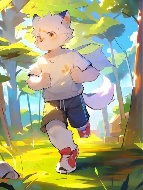 masterpiece,  best quality,  perfect anatomy ,, from milkytiger1145 , author：K0BIT0WANI,Kindergarten boy,A furry wolf is jogging, nature, shoe, sweat, trouble breathing, ( Best Quality ,4K,8K, high resolution ,masterpiece:1.2), super detailed,, Detailed Wr...