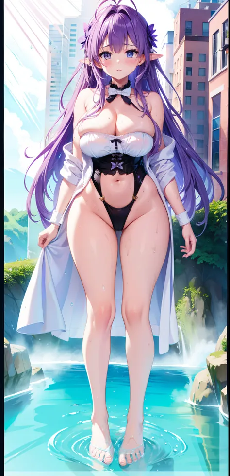 wife，  Big Breasts  ，exposed,    long hair，purple fairy ears，outcrop，纹胸，Big thighs ，wet，Water Drops。Aho,bath towel。Butterfly