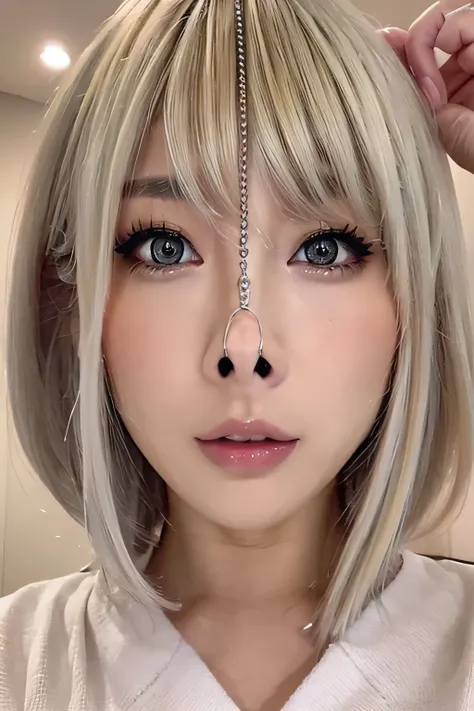 Blonde, Silver hair color ,Close up of a Japanese woman,Symmetrical face,Pretty Japanese woman,She is very, Expressive. She is looking up at the ceiling.,  angle from below,Nostril close-up, beautiful women, camera looking up at her , She is very face, emb...