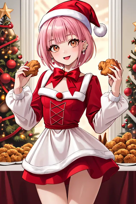 A close-up of her bust.

She is holding fried chicken in both hands in front of a table lined with Christmas delicacies.

She is smiling and squints her eyes, shouting "Merry Christmas."

An anime-style girl  has pink hair,straight short bob Hair, pink hai...