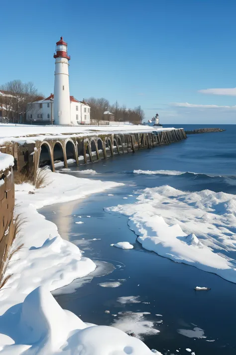 ((masterpiece)), 8K resolution, cinematic lighting,Semi-realistic),"On a bright winter day, a lighthouse stands atop a sturdy metal structure at the edge of a snowy breakwater. The metal framework is decorated with colorful ribbons and small postcards tied...