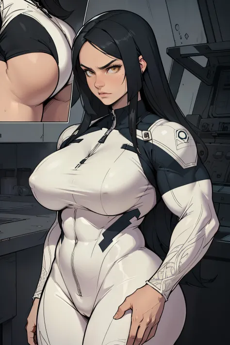 angry girl pale skin (((((muscular girl high details))))) (((((thick highly detailed))))) (((((large breasts intricate details))))) pilot suit bodysuit black hair yellow eyes very long hair very long hair very long hair