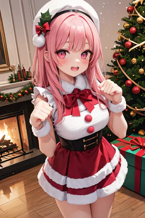 Maid girl without a cheerful headdress ( showing teeth), standing,  pink hair color, combat pose, Background house , Background house (room), complete anatomy,   graphic effects ,  ornament of an accessory shaped like a flower on the head, aura, white bere...