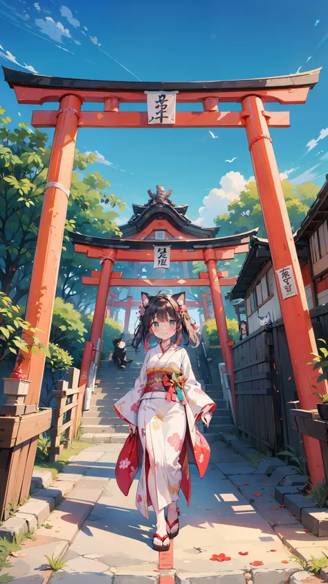 masterpiece, 8k, Very detailed, festival, woman, Cat, fun, smile, walk, shrine, Many torii gates, at festival, Japanese, in the Japanese festival, cute, In a bright and colorful world, anime, Full Body Shot
