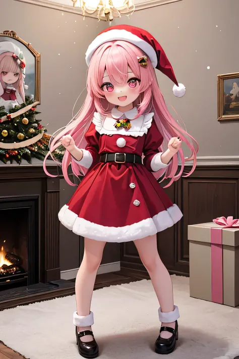 Maid girl without a cheerful headdress ( showing teeth), standing,  pink hair color, combat pose, Background house , Background house (room), complete anatomy,   graphic effects ,  ornament of an accessory shaped like a flower on the head, aura, white bere...