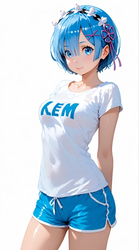 cute girl . Rem from re:zero, blue hair, blue eyes, Very kawaii , round face . alone , Slim , medium breasts , short and small . shiny skin . Pure white tube top T-shirt . shorts . dynamic poses . dynamic angle . No background , White background , looking ...