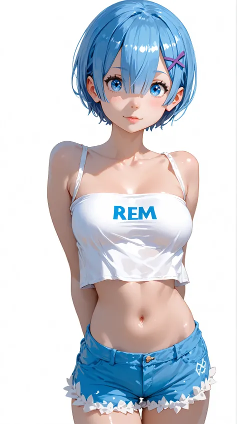 cute girl . Rem from re:zero, blue hair, blue eyes, Very kawaii , round face . alone , Slim , medium breasts , short and small . shiny skin . Pure white tube top T-shirt . shorts . dynamic poses . dynamic angle . No background , White background , looking ...