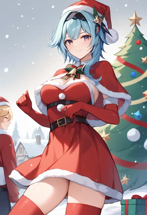 score_9, score_8_upper, score_7_upper, high quality ,masterpiece ,最high quality ,One girl , Beautiful Skin, character_Eula_Genshin Impact ,(santa hat), (santa costume, santa girl skirt) red capelet, neck bell, red elbow gloves, red thigh highs, smile ,clos...