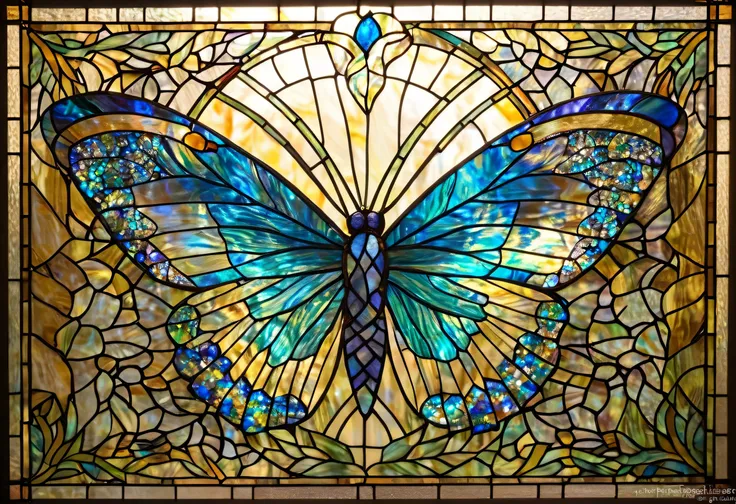 a close up of a  stained glass  window with a butterfly, Iridescent feather mosaic Mosaics inspired by Louis Comfort Tiffany,  Flickr , Art Nouveau,  stained glass  art,  stained glass  wings,  stained glass , glowing  stained glass  backdrop,  stained gla...