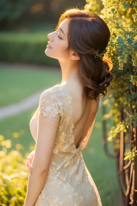 Beautiful woman looking at profile, Back and buttocks,Classical painting,Delicate brushwork,Gorgeous tight lace dress,Detailed hairstyle,Gentle sunlight,Soft Shadows,Golden tones