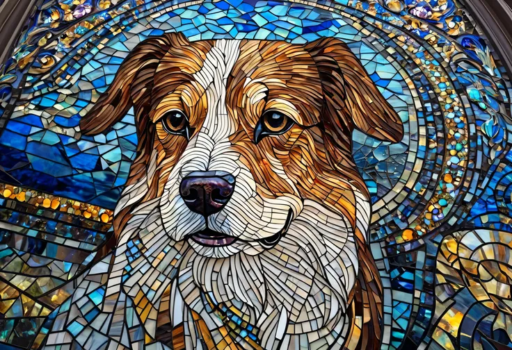 Dog close-up ,  Mosaic ofルイ・コンフォート・ティファニーにインスパイアされたモザイク,   reddit contest winner  , Baroque,  stained glass art, Large portrait,  Cute Dog Picture ,  Masterpiece Stained Glass  , High Definition Art, amazingly detailed art , Mosaic Style,  Mosaic of ,  sta...