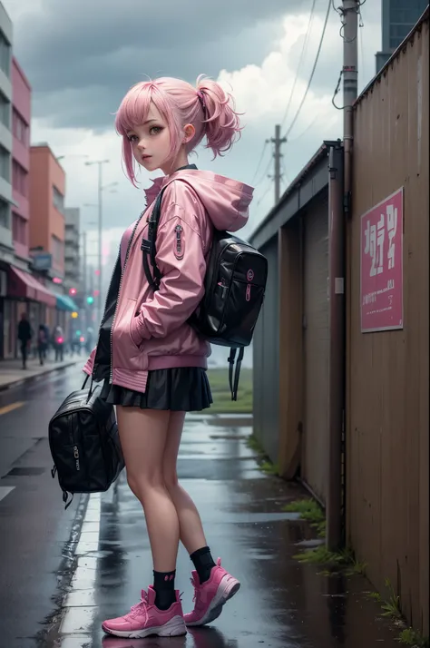 1 girl，pink jacket，dark clouds，rain，Laughter，hoodie，miniskirt，Martin shoes，Open jacket，Backpack without hair，8k resolution，Very detailed content，anatomically correct，Clear images，number，Concept Art，Popular trends on pixiv，masterpiece, best quality, In cybe...