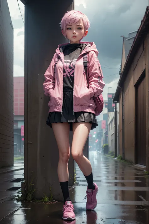 1 girl，pink jacket，dark clouds，rain，Laughter，hoodie，miniskirt，Martin shoes，Open jacket，Backpack without hair，8k resolution，Very detailed content，anatomically correct，Clear images，number，Concept Art，Popular trends on pixiv，masterpiece, best quality, In cybe...