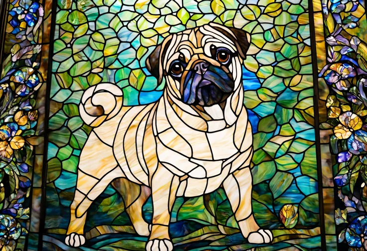  One Pug Dog Closeup, Whole body, Stained Glass Art , Large portrait, Cute Pug Dog Picture ,  inspired by Louis Comfort Tiffany, Masterpiece Stained Glass  , High Definition Art, Detailed art  ,  stained glass style,  made for art galleries,