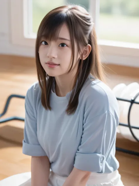 A young person sits on the polished wooden floor of a brightly lit gymnasium, their knees pulled close to their chest with arms wrapped securely around their legs. White panties are visible. The soft light from tall windows reflects off the glossy floor, c...