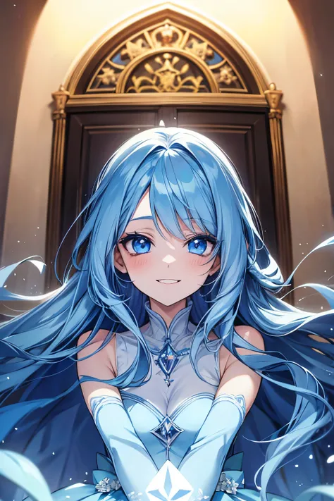 anime girl, long diamond blue hair, light blue eyes, elegant dress, smiling happily, inside castle doors