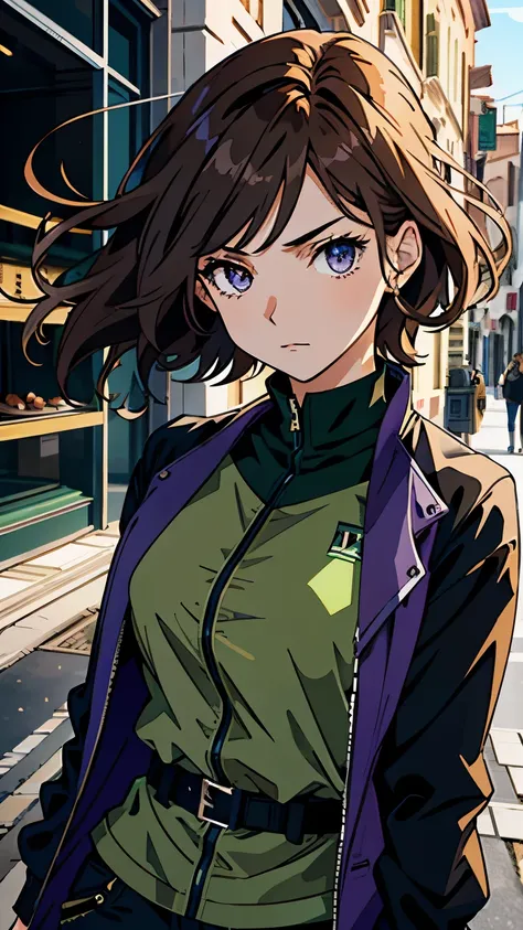 Italian girl anime version (The power to control the wind,  purple eyes and light brown medium hair,  Italian Green and Black Sleeveless Clothes and Jackets)