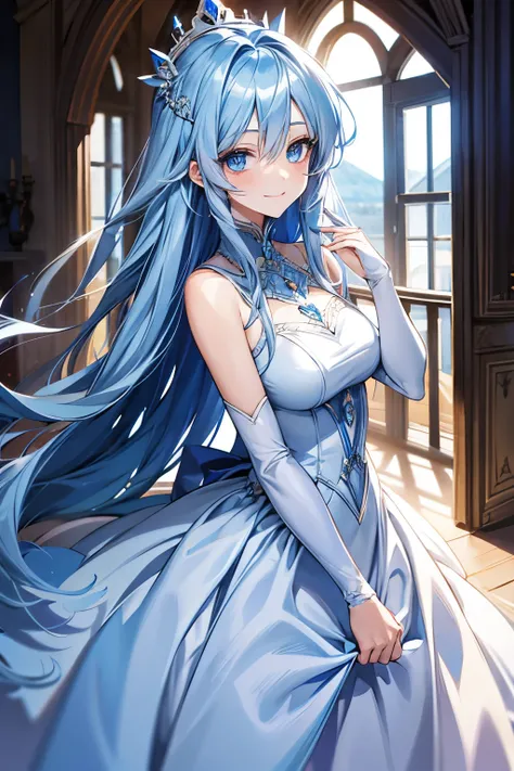 anime girl, long diamond blue hair, light blue eyes, elegant dress, smiling happily, inside castle doors