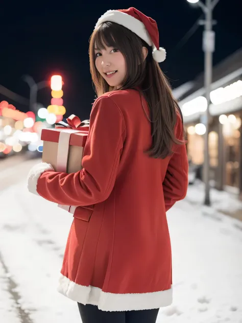 A young woman dressed in a classic Santa Claus outfit stands at a bustling street corner, her red and white coat and matching skirt perfectly tailored to her petite frame. Black boots crunch softly against a thin layer of fresh snow. On her back, she carri...
