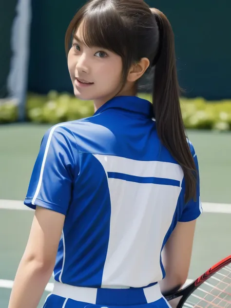 A young female tennis player dressed in a sleek blue tennis outfit stands ready, with her white undergarments visible. gripping her tennis racket with both hands in a poised and focused stance. The sunlight highlights the crisp lines of her attire and the ...