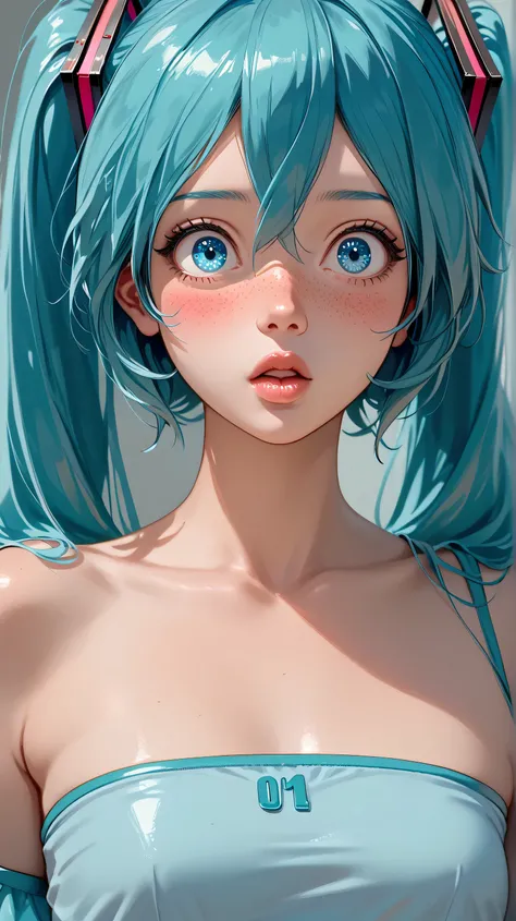 (masterpiece, highres, high resolution:1.2), anime 20 yo girl, hatsune miku from vocaloid, blue hair, blue eyes, portrait, shoulders up, illustration. drawn, blushing, solo, surprised, freckles, big lips,small breasts, perfect body, wearing a tube top, no ...