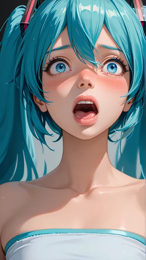 (masterpiece, highres, high resolution:1.2), anime 20 yo girl, hatsune miku from vocaloid, blue hair, blue eyes, portrait, shoulders up, illustration. drawn, blushing, solo, scared, horrified, screaming, freckles, big lips,small breasts, perfect body, wear...