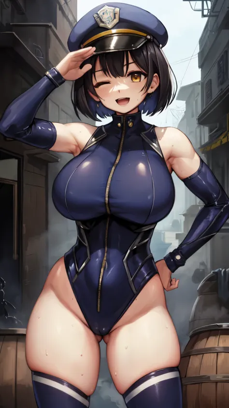 ( perfect body), top quality ,( 8K portrait ),( Official Art)、2. Women、 muscular、 One Girl 、 female cop 、navy blue leotard、 navy blue jacket 、Police Hat、 knee-high socks、(Sci-Fi Suit:1.5)((:d、 has one eye closed、Armpits、Right hand salutes 、Left hand on hip...