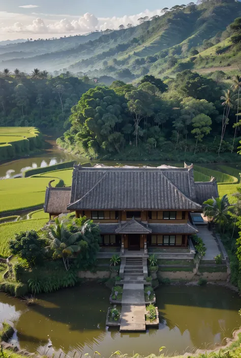 a view of a house in the middle of a rice field, paradise in the background, lush scenic landscape, bali, setting in nature, indonesia, beautiful place, tropical landscape, indonesia national geographic, mystical setting, lush landscape, mountainous jungle...