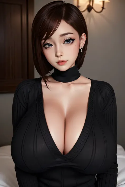 ((20 year old mature woman)),((photorealistic:1.2),realistic,beautiful, perfect makeup,(black sweater),(1 girl),(Very Intense Makeup)),((red lipstick)),((woman in makeup)),(((huge breasts))),(((solamente))),cuerpo perfecto,manos perfectas,cara perfecta,
