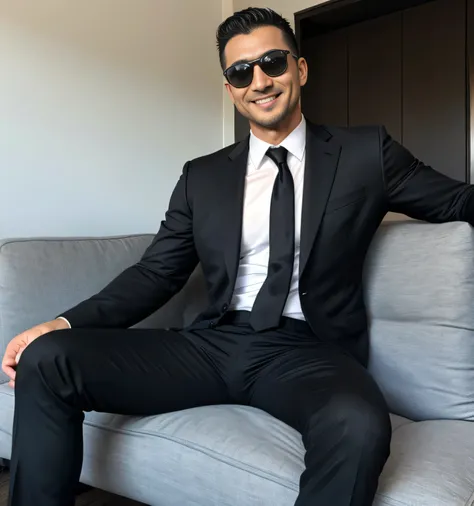  40 year old handsome, One Man,、  muscular、Kosaka Ikuo。  black suit ,black tie、  black slim pants 、Short Hair　、office、 sits on the sofa、  black suit、black tie、  black slim pants 、  upper body lift with an emphasis on facial expression　Kosaka Ikuo 　front　 s...