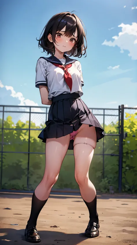 Arms tied.black hair, Arms behind my back. Brown rope,Bound legs,Crouching Standing on knees (((Legs open))),((look panty)) Staring at viewer Garden school yard Blue sky Tears bewilderment obedience sweat school uniform, skirt,White shirt