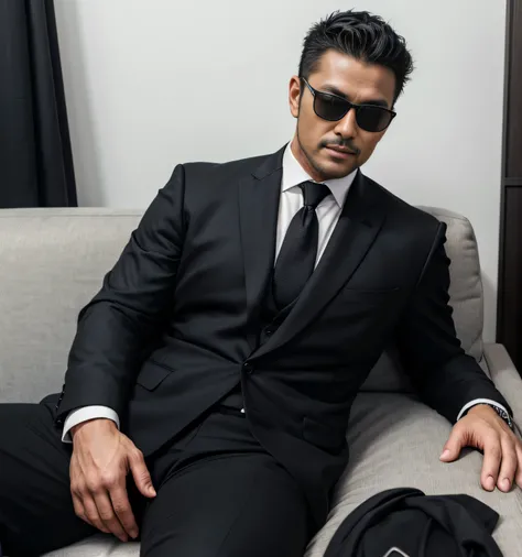  40 year old handsome, One Man,、  muscular、Kosaka Ikuo。  black suit ,black tie、  black slim pants 、Short Hair　、office、 sits on the sofa、  black suit、black tie、  black slim pants 、  upper body lift with an emphasis on facial expression　Kosaka Ikuo 　front　 s...