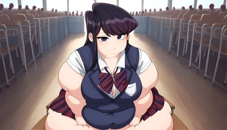 best quality, masterpiece, (school uniform, miniskirt), komi_shouko, 1 girl, alone, long hair, black hair, looking at viewer, black eyes, bangs, looking, top view, perfect female body, school background, chair school, crowd, crowd of person, (ssbbw), (big ...