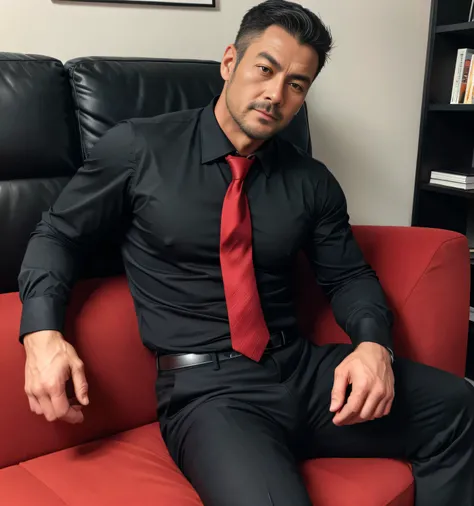  40 year old handsome guy , One Man,、  muscular、 Kosaka Ikuo 。  black shirt , red tie、  black slim pants 、Short Hair、office、 sits on the sofa 、  black shirt、 red tie、  black slim pants 、  upper body lift with an emphasis on facial expression　Kosaka Ikuo 　f...