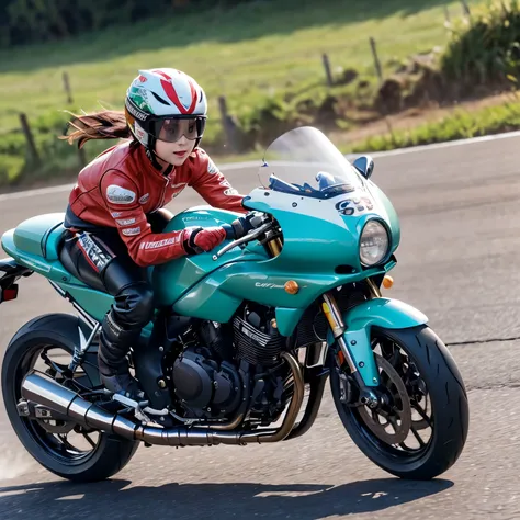 (A young female rider speeds along on a motorcycle)、Vintage Bikes、Bluff Superior SS100、Isle of Man Races、Leather jumper、Cromwell helmet with goggles、After the Rain、English countryside、(Highest quality, masterpiece, High resolution)、8k、wallpaper,masterpiece...