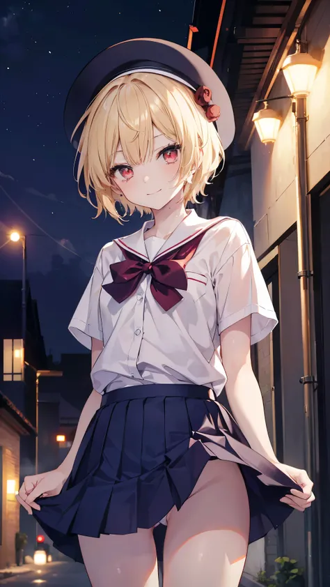  top quality , girl、Blonde、(Whitening skin), red eyes、 Very Short Hair,Short Hair,Petite, slender, school uniform,Naked Y-shirt, pleated skirt, Underpants ,School building at night, slender、hat,smile, boyish , sweaty