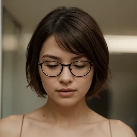 Detailed, realistic, beauty woman, glasses, short styled hair, face to camera, open mouth, closed eyes, naked, focus on face