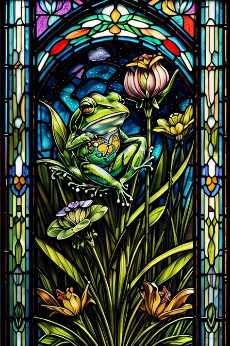 a close up of a  stained glass  picture of a Frog,  stained glass  art,  stained glass  style,  stained glass  , maxim verehin  stained glass  ,  stained glass  , Frog, Art Nouveau,  stained glass  !!, psychedelic Frog, Frog themed,  stained glass  window,...