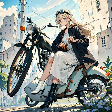 (Ride a classic motorcycle )、（Goggles and helmet）、 summer, Wind, scratch, sun,, Perfect face and blonde hair、Wearing a light summer dress、Delicate beauty in black boots、