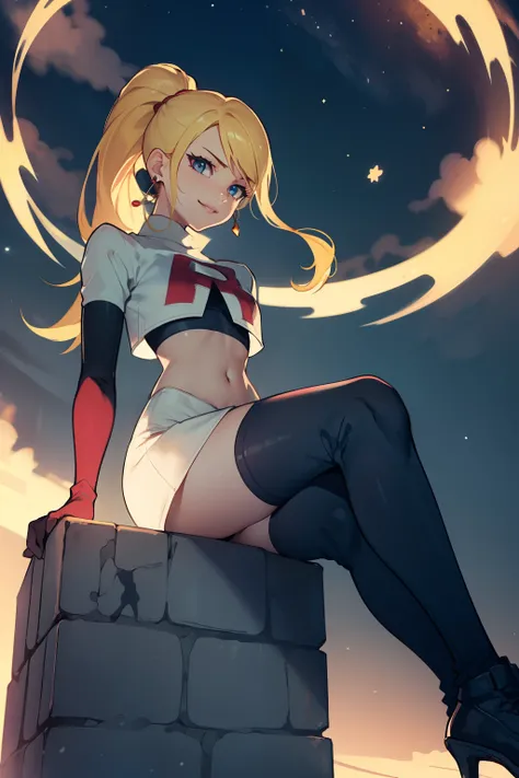 samus aran, ponytail, hair tie, glossy lips, earrings ,team rocket, team rocket uniform, red letter R, white skirt, white crop top, black thigh-highs, black elbow gloves, evil smile, looking down on viewer, sitting down ,legs crossed, night sky background