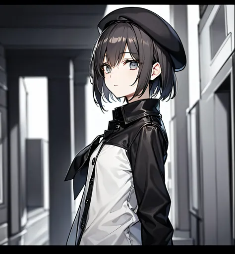 Town Detective　brown beret　Short Hair　Eyes as thin as a thread　黒髪 black eyes　men and women　Character portrait　beautiful　1 person　 skinny　modern　 black eyes　Single　Profile　1 personだけ　onlyone