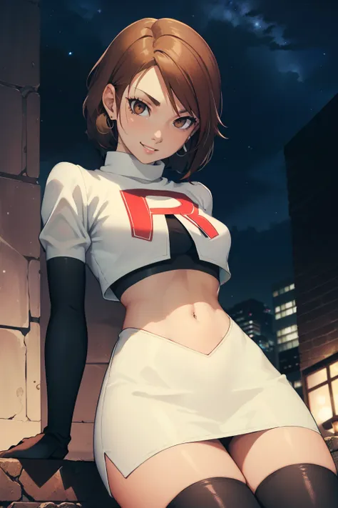 brown hair,brown eyes ,short hair, glossy lips, earrings ,team rocket, team rocket uniform, red letter R, white skirt, white crop top, black thigh-highs boots black elbow gloves, evil smile, looking down on viewer, sitting down ,legs crossed, night sky bac...