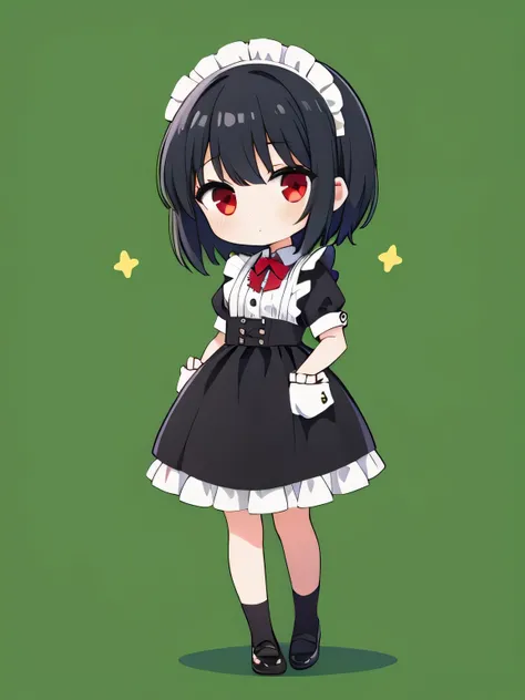 1girl,maid,black hair,red eye,short hair,chibi,staning,full body,green background,