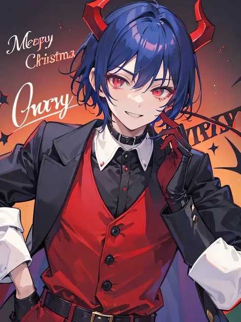 A handsome man, demon, soft playful smiling, red crimson eyes color, dark blue hair color, demon horns, demon tails, twenty-seven-years-old, laughing, wearing black gloves, happy, short hair, solo, Christmas clothes, merry Christmas, male