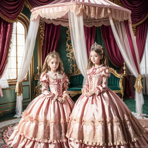 Photo of the cover of the magazine,Lot of Princesses Blonde hot pink Silk Satin Victorian Ball Gown Dress.((Ten years old young russian girls:1.0)),baby face,short,long sleeves,puff sleeves,frilled yoke collar,The dress is decorated with lots of frills and...