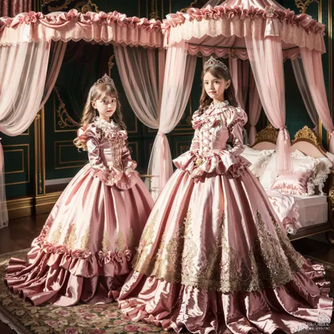 Photo of the cover of the magazine,Lot of Princesses Blonde hot pink Silk Satin Victorian Ball Gown Dress.((Ten years old young russian girls:1.0)),baby face,short,long sleeves,puff sleeves,frilled yoke collar,The dress is decorated with lots of frills and...
