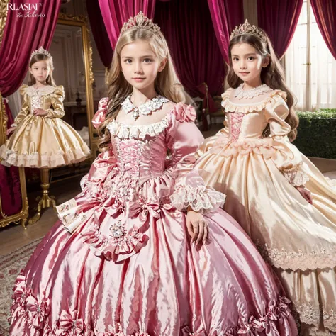 Photo of the cover of the magazine,Lot of Princesses Blonde hot pink Silk Satin Victorian Ball Gown Dress.((Ten years old young russian girls:1.0)),baby face,short,long sleeves,puff sleeves,frilled yoke collar,The dress is decorated with lots of frills and...