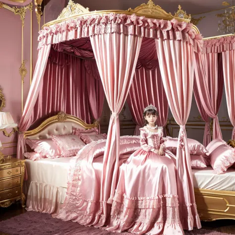 Photo of the cover of the magazine,Lot of Princesses Blonde hot pink Silk Satin Victorian Ball Gown Dress.((Ten years old young russian girls:1.0)),baby face,short,long sleeves,puff sleeves,frilled yoke collar,The dress is decorated with lots of frills and...